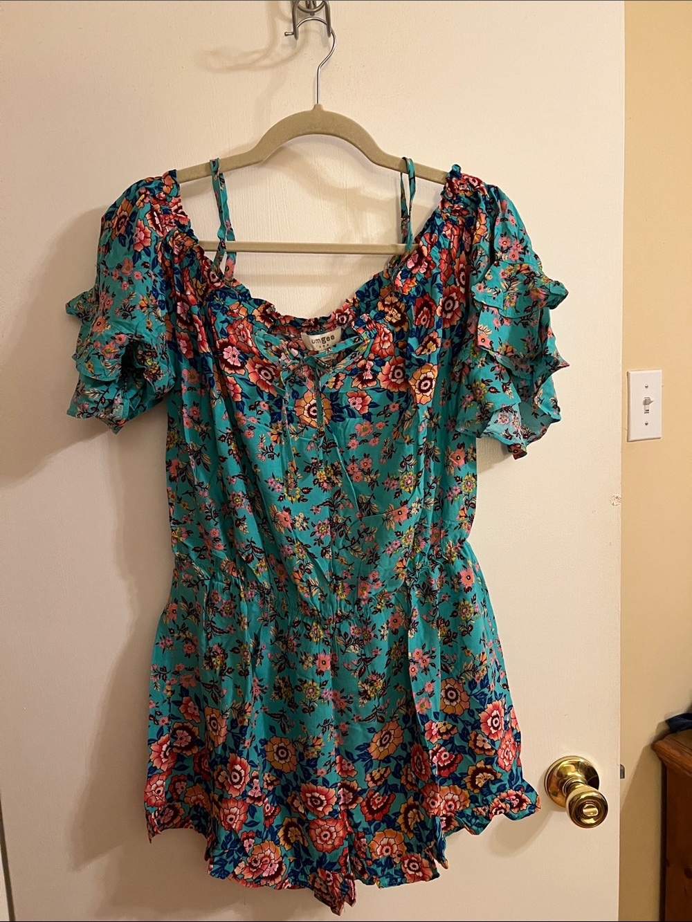 Umgee Teal Floral Off-Shoulder Romper Dress